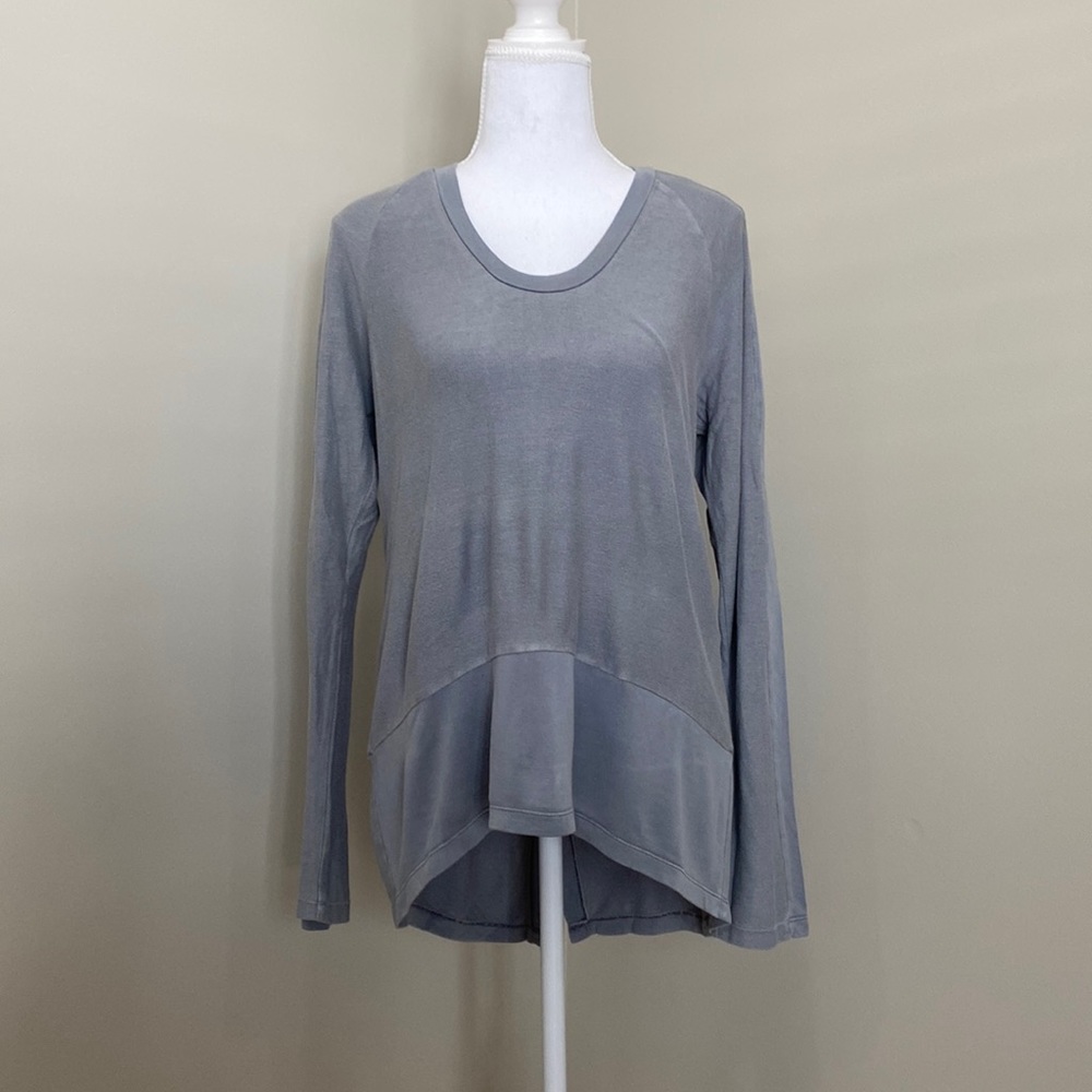 Light Grey Bluish Hue Long-sleeve Tunic with Asymmetrical, High-Lo Hem Line